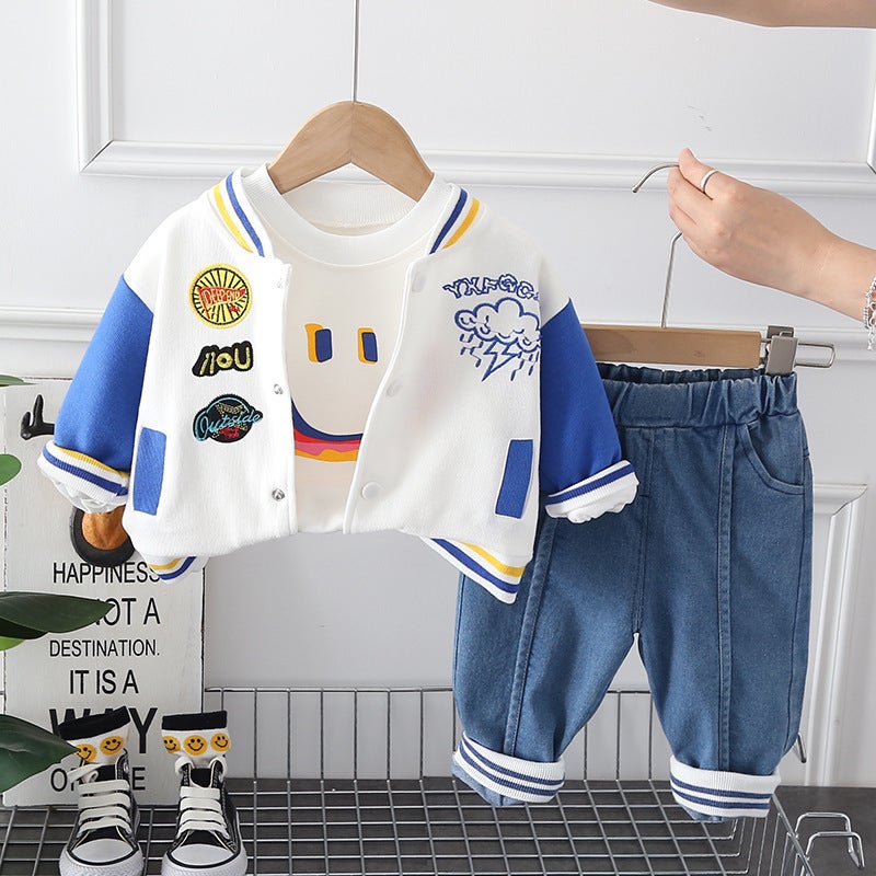 Spring Boys' Crewneck Baseball Suit Long-Sleeved Three-Piece Set For Boys And Baby Casual Denim Trousers Suit Trendy - Image 1